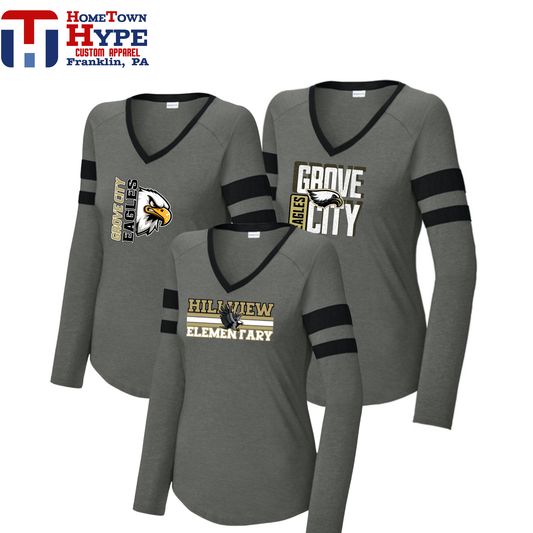 Women's Halftime Stripe Long Sleeve V-Neck Tee - Hillview Elementary 2025-2026