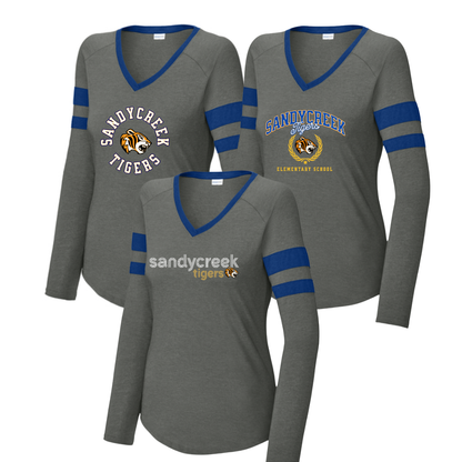 Women's Halftime Stripe Long Sleeve V-Neck Tee - Sandycreek Elementary