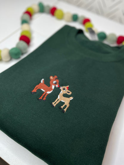 Red-nosed Reindeer Embroidered Crewneck Sweatshirt