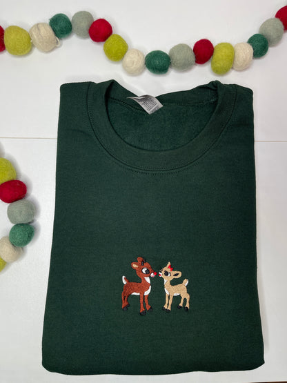 Red-nosed Reindeer Embroidered Crewneck Sweatshirt